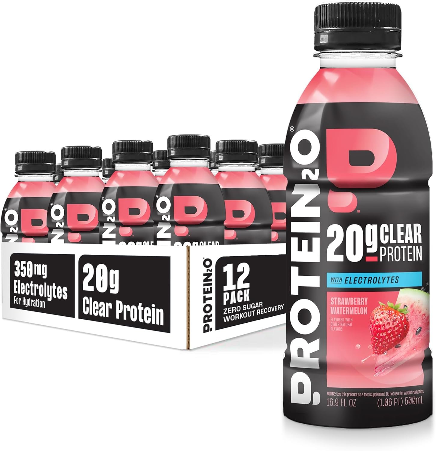 Protein2o Hydration Drink - 2-in-1 Liquid Clear Whey Protein Isolate and Electrolyte Drink - 20g Protein, Vitamins B5, B6 - Post-Workout Recovery - 16.9 Fl Oz - 12 Count Strawberry Watermelon
