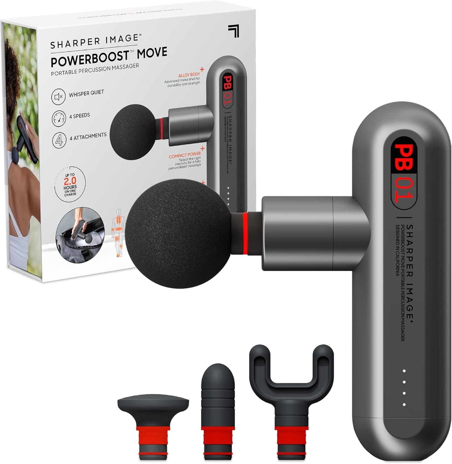 Sharper Image Powerboost Move - Mini Percussion Massage Gun| 4 Attachments, 4 Speeds, FSA Eligible| Full Body Back & Shoulder Massager| Deep Tissue Muscle Recovery| Portable Pain Relief Massage Tool