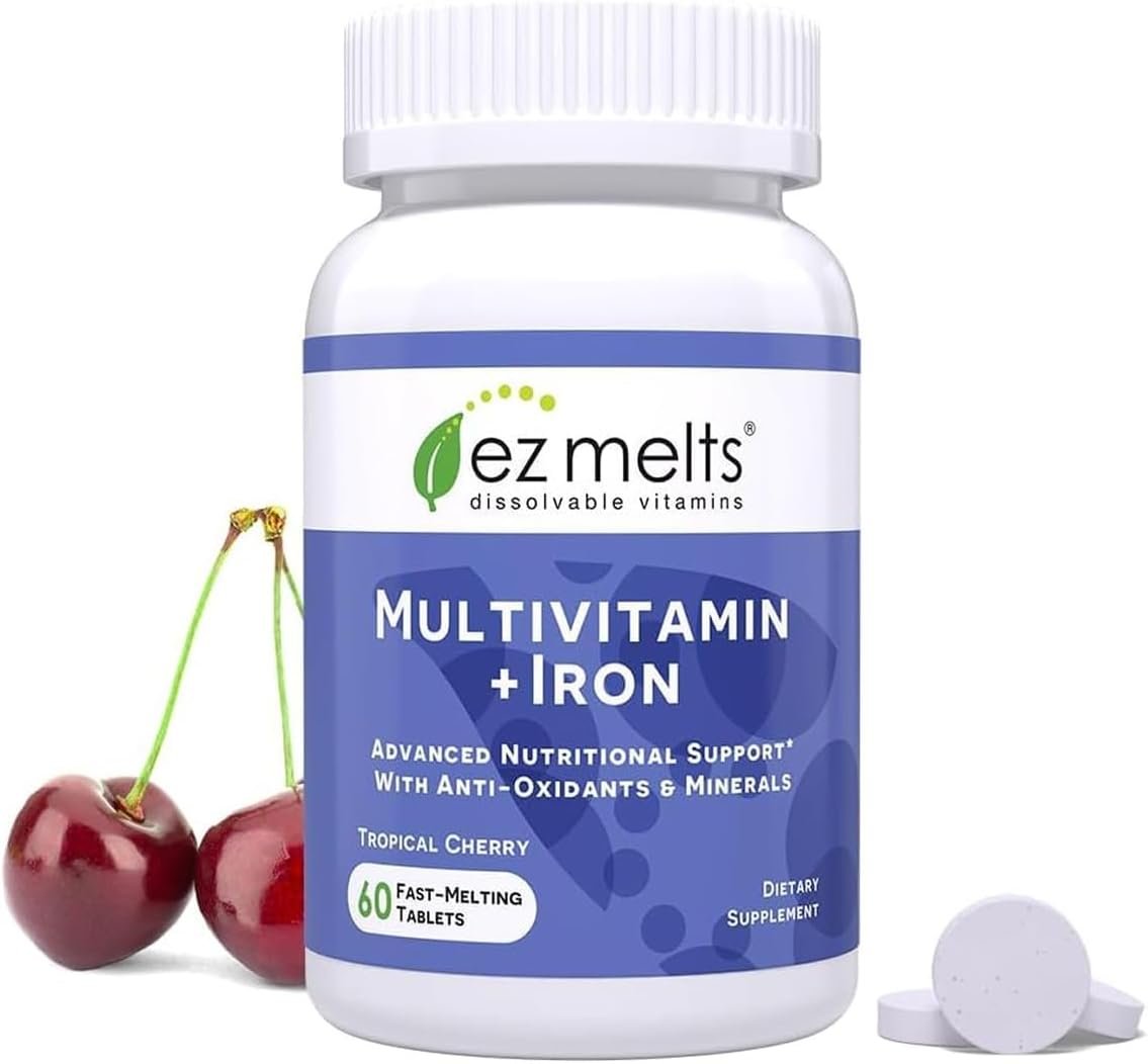 EZ Melts Multivitamin + Iron - Daily Multivitamin for Women & Men - Supports Healthy Energy Levels & Antioxidant Protection - Non-GMO & Vegan - Tropical Cherry - 60 Dissolvable Tablets (30 Servings)