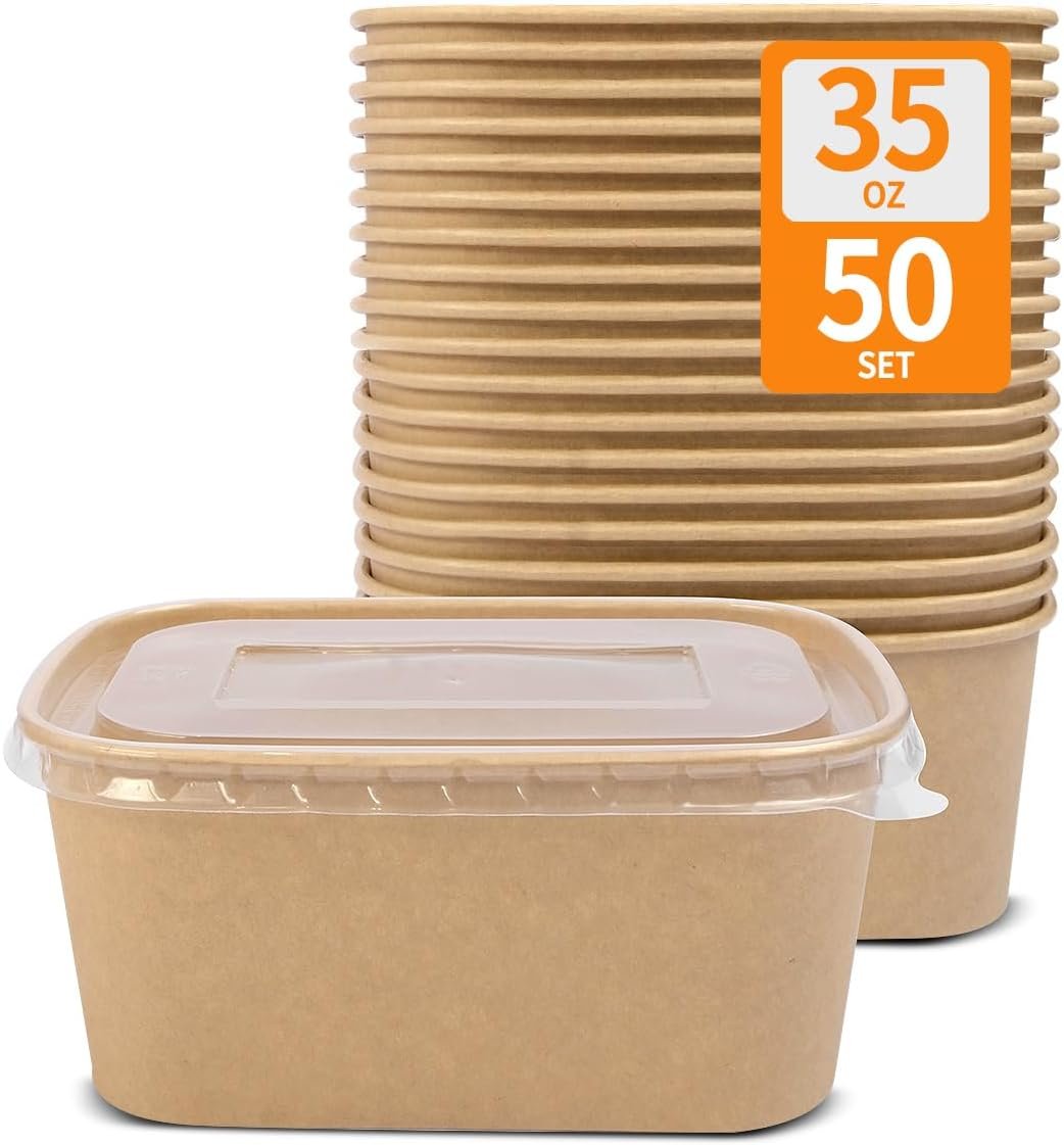 Celel 50 Pack 35 oz Paper Food Containers with Lids, Paper Meal Prep Containers Microwavable and Freezer Use Cardboard Food Concertinas - 50 Bowls 50 Lids