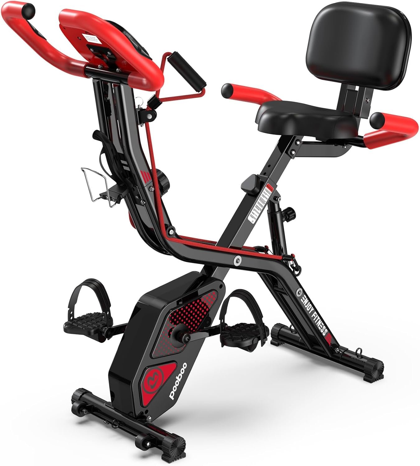 pooboo Folding Exercise Bike, Foldable Upright Stationary Bike, Indoor Cycling Magnetic X-Bike with 8-Level Adjustable Resistance, 6.6 LBS Flywheel, 300LB Capacity, Bottle Holder & Back Support Cushion for Home Gym