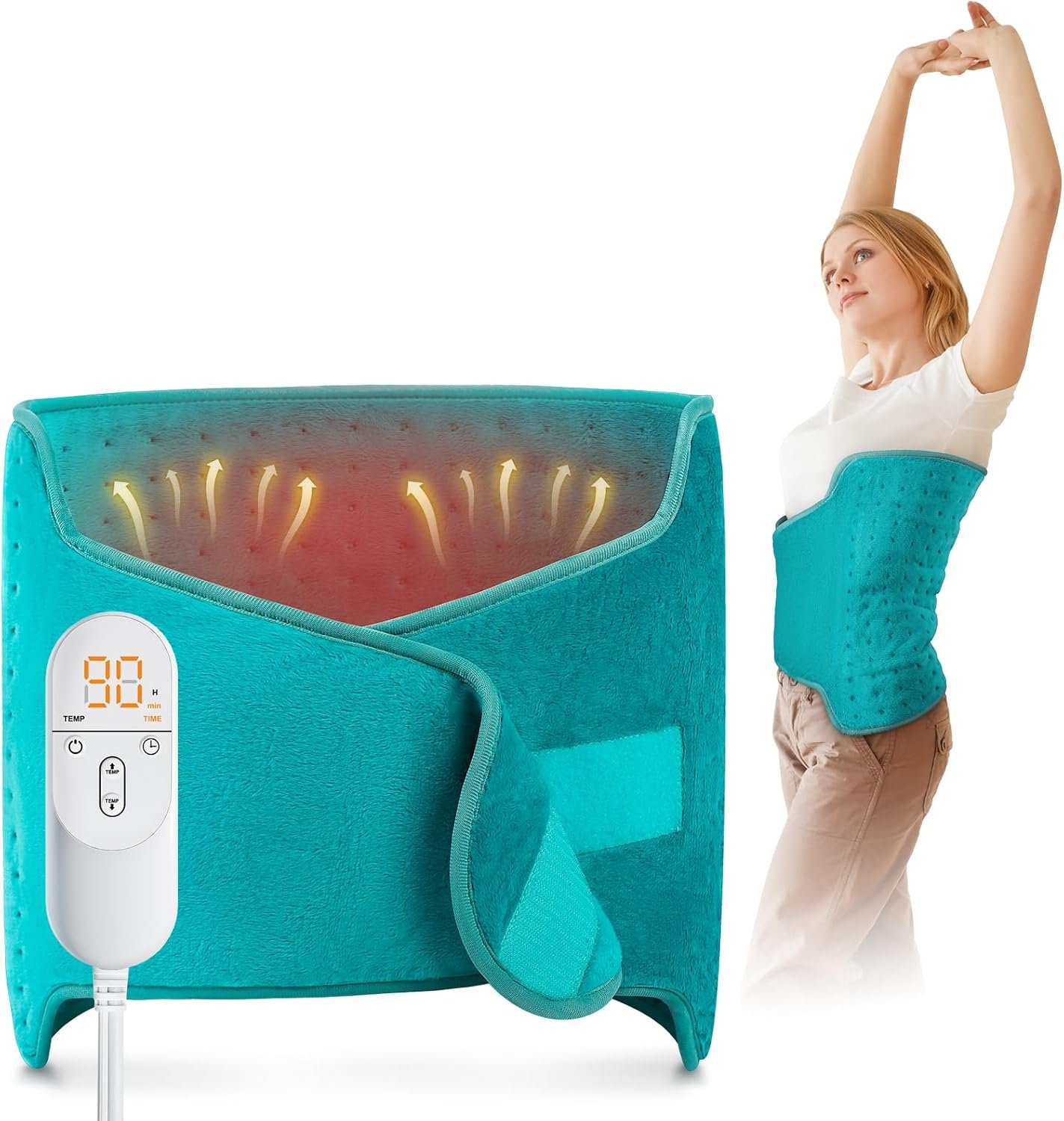 Heating Pad for Back, Heating Pad for Period Cramps/Waist/Shoulders with Belt, Christmas Gifts for Women Men Mom Dad, 6 Heat Settings, 4 Timers, Auto-Off, Machine Washable, Blue Green